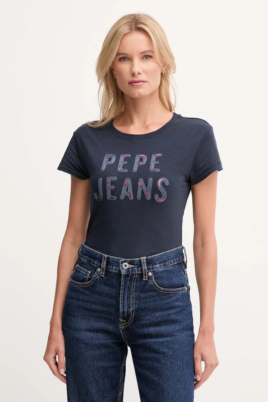 Bavlněné tričko Pepe Jeans dámské, tmavomodrá barva, PL5000045