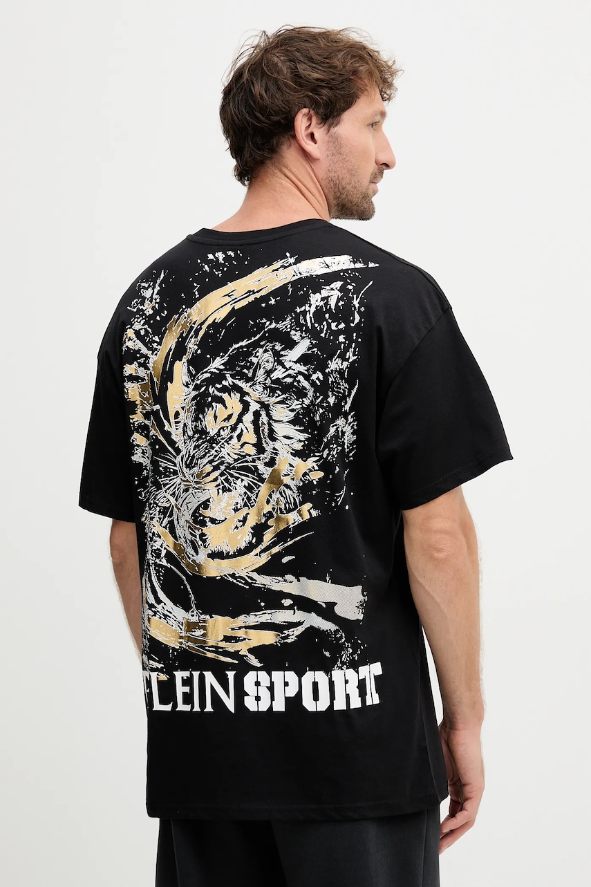 Bavlněné tričko PLEIN SPORT pánské, černá barva, s potiskem, FAEC MTK8368 STE001N