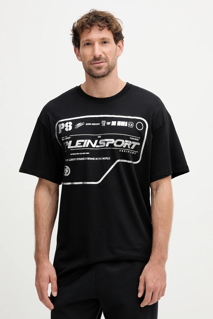 Bavlněné tričko PLEIN SPORT pánské, černá barva, s potiskem, FAEC MTK8373 STE001N