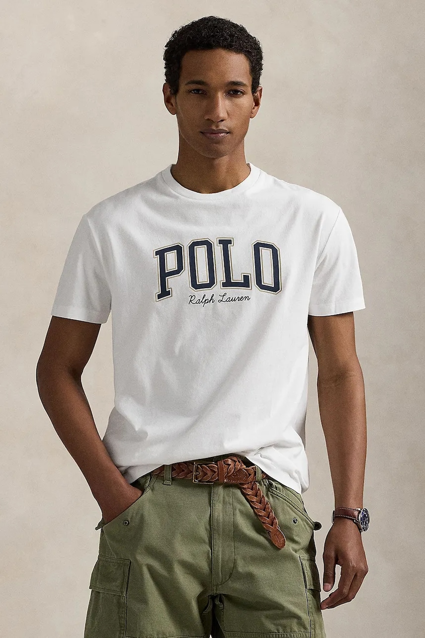 Bavlněné tričko Polo Ralph Lauren pánské, bílá barva, s potiskem, 710P00086