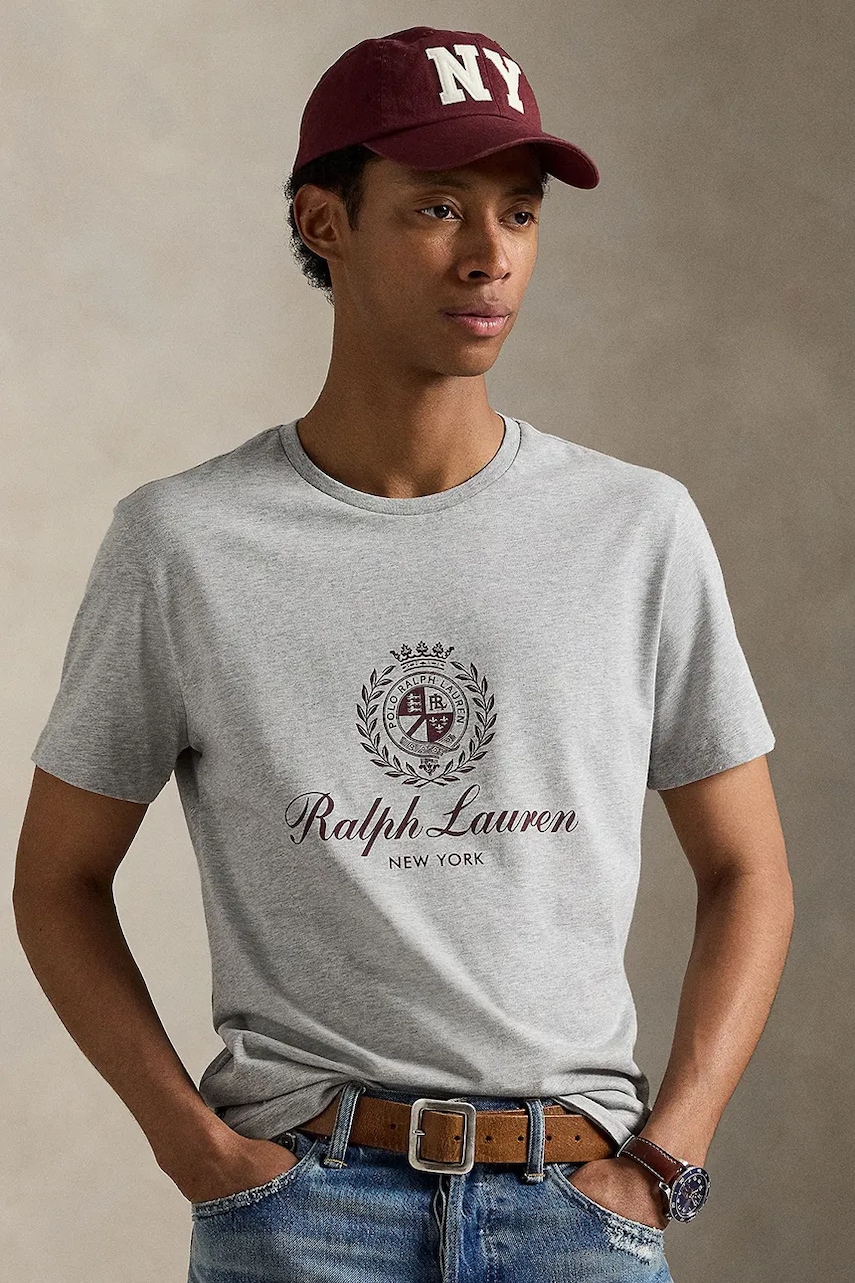 Bavlněné tričko Polo Ralph Lauren pánské, šedá barva, s potiskem, 710978032