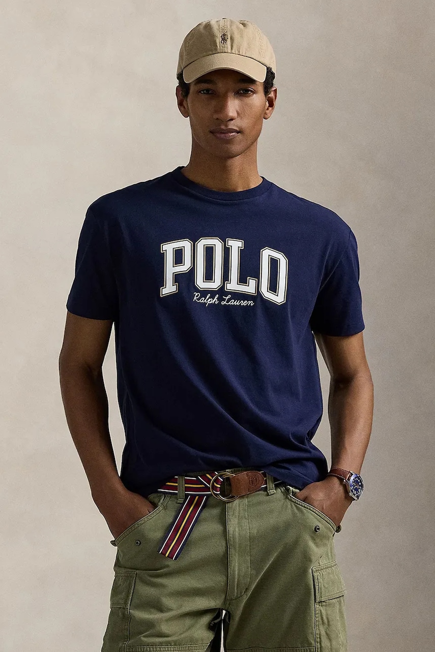 Bavlněné tričko Polo Ralph Lauren pánské, tmavomodrá barva, s potiskem, 710P00086