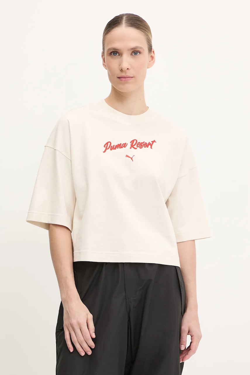 Bavlněné tričko Puma dámské, béžová barva, 629776