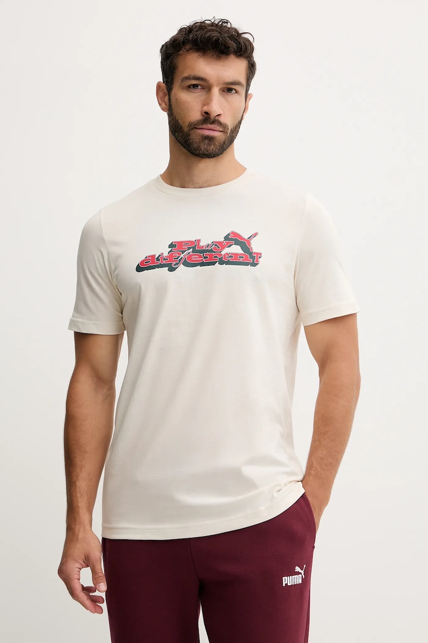 Bavlněné tričko Puma pánské, béžová barva, 632111