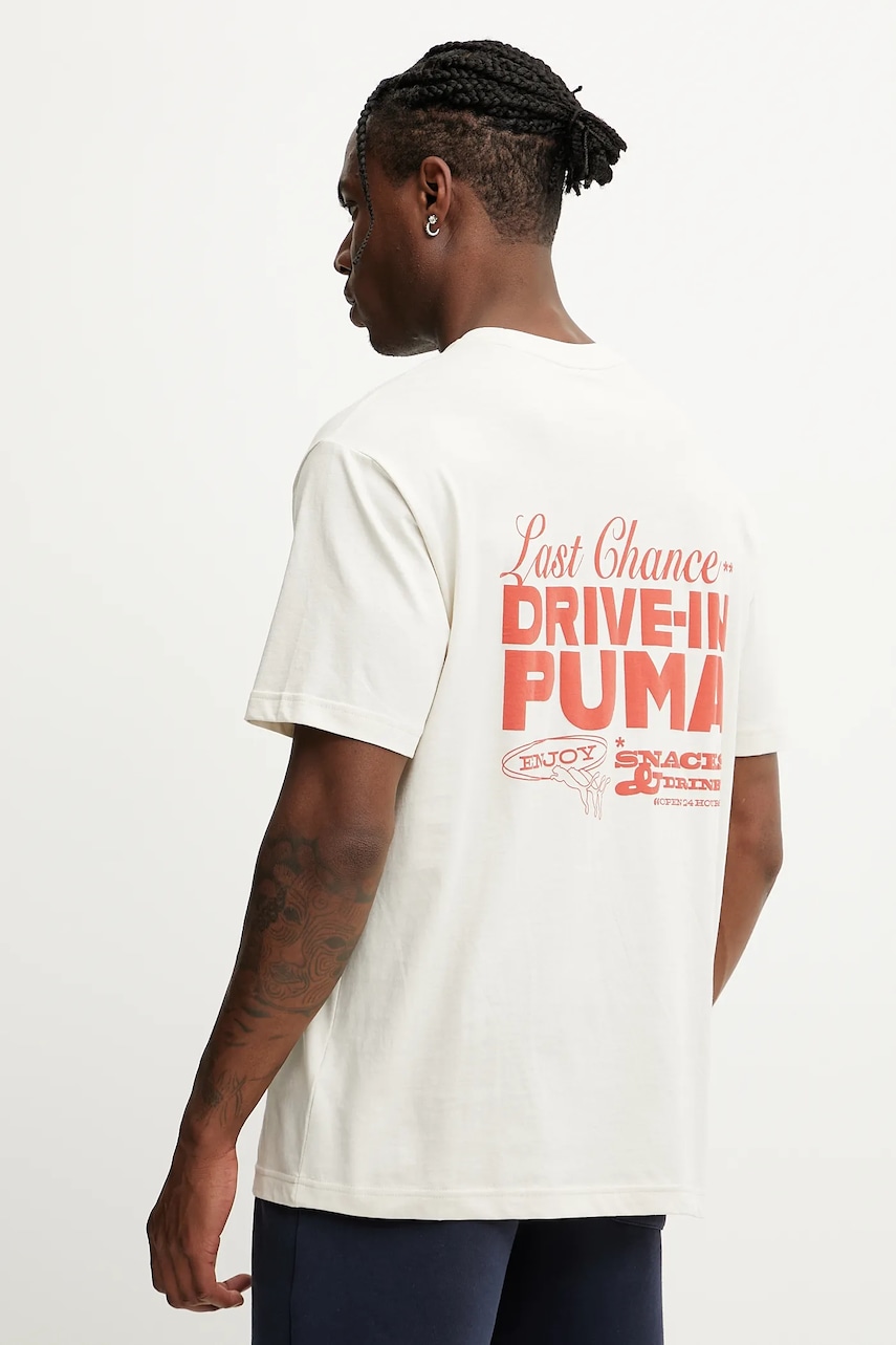 Bavlněné tričko Puma pánské, béžová barva, s potiskem, 629633