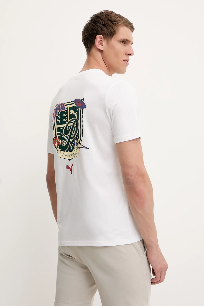 Bavlněné tričko Puma pánské, bílá barva, s potiskem, 629628