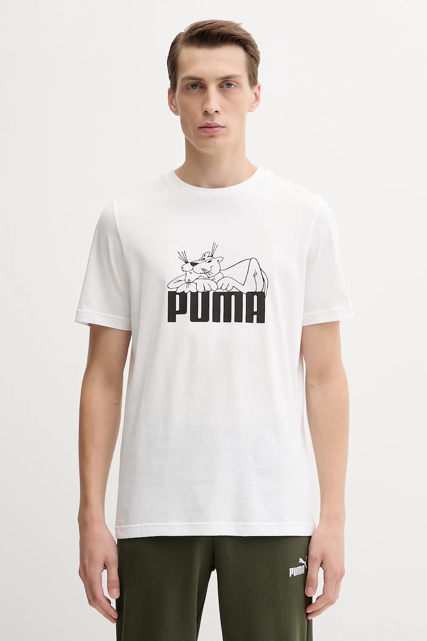 Bavlněné tričko Puma pánské, bílá barva, s potiskem, 632087