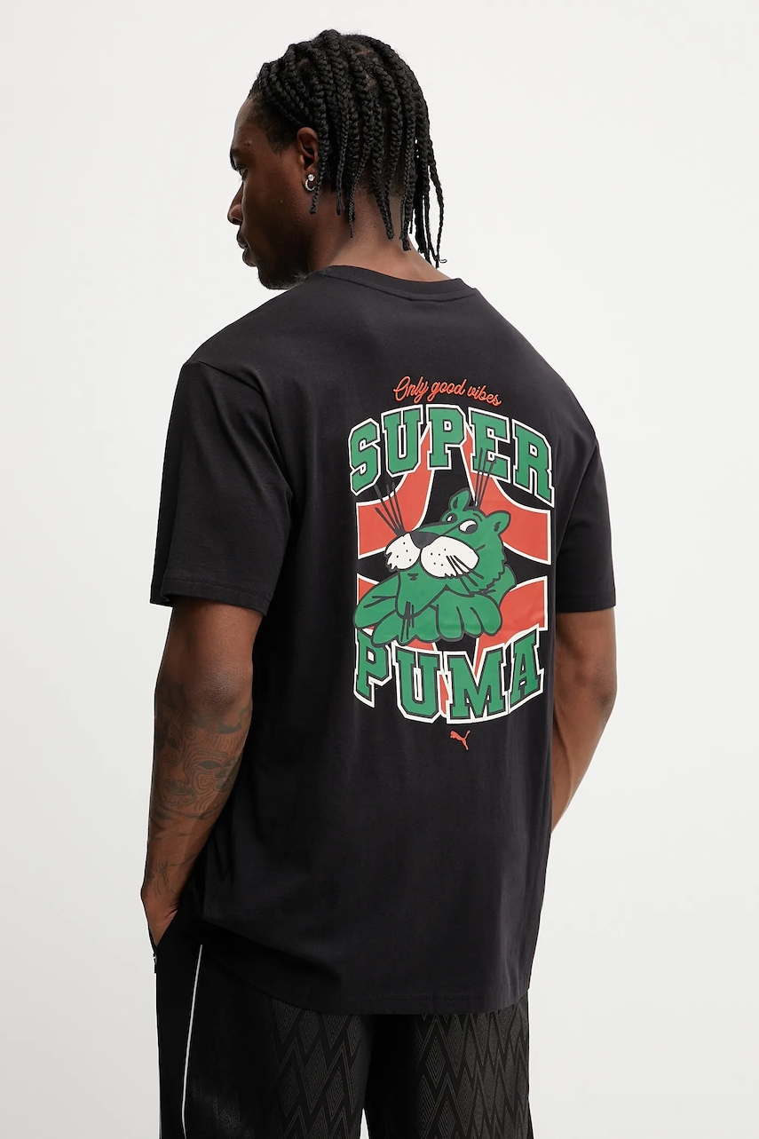 Bavlněné tričko Puma pánské, černá barva, s potiskem, 629639