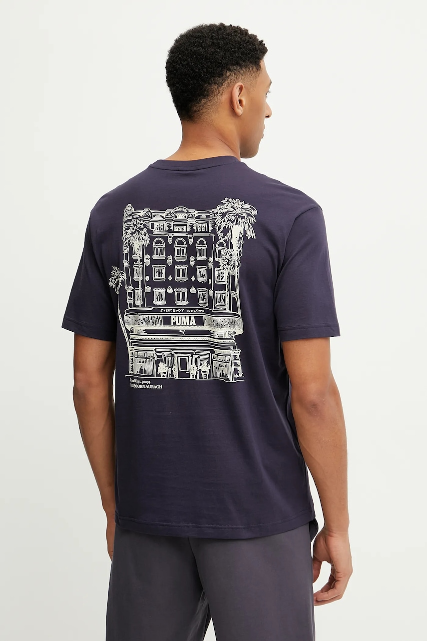 Bavlněné tričko Puma pánské, tmavomodrá barva, s potiskem, 629636