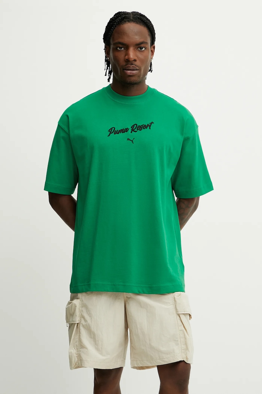 Bavlněné tričko Puma pánské, zelená barva, s aplikací, 629666