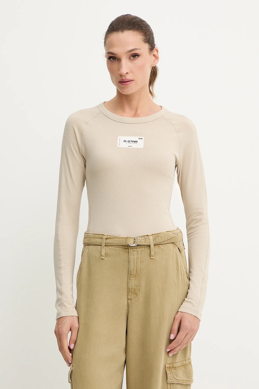 Bavlněné tričko s dlouhým rukávem G-Star Embro patch slim béžová barva, D27740-D961
