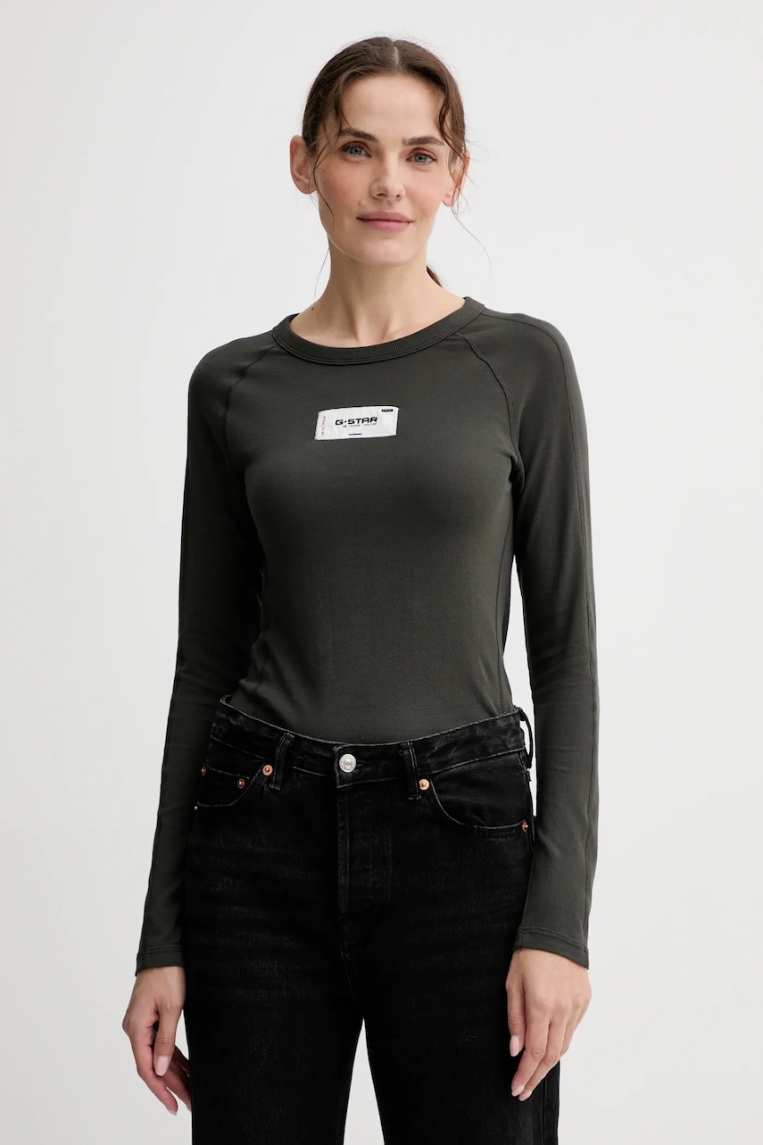 Bavlněné tričko s dlouhým rukávem G-Star Embro patch slim zelená barva, D27740-D961