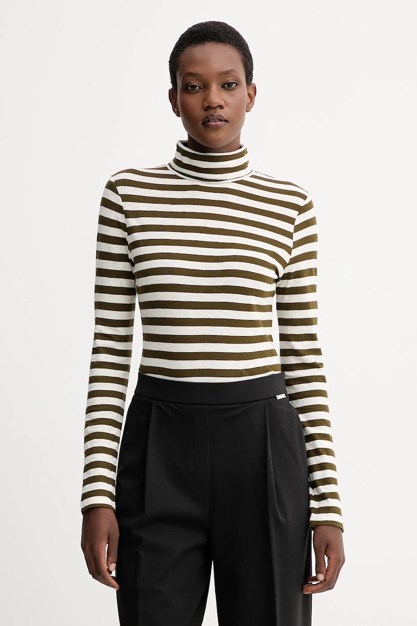 Bavlněné tričko s dlouhým rukávem Marc O'Polo zelená barva, s golfem, 5000007075