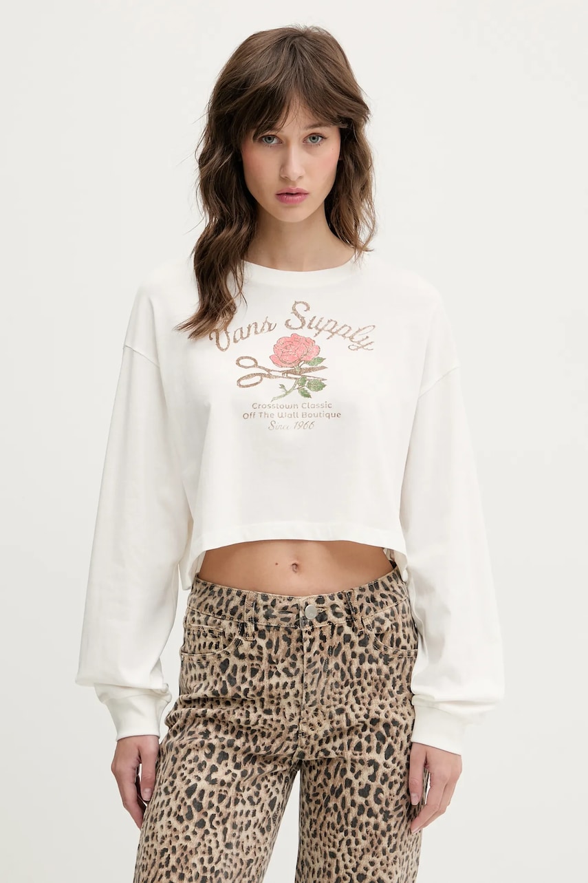 Bavlněné tričko s dlouhým rukávem Vans béžová barva, VN000MDCFS81