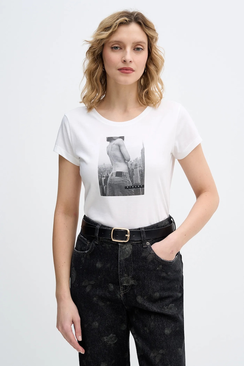 Bavlněné tričko Sisley dámské, béžová barva, 3I1XL107Z