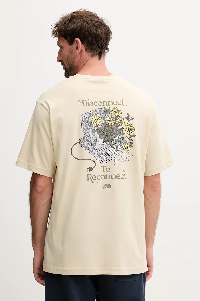 Bavlněné tričko The North Face Connected Relaxed pánské, béžová barva, s potiskem, NF0A8EGW3X41