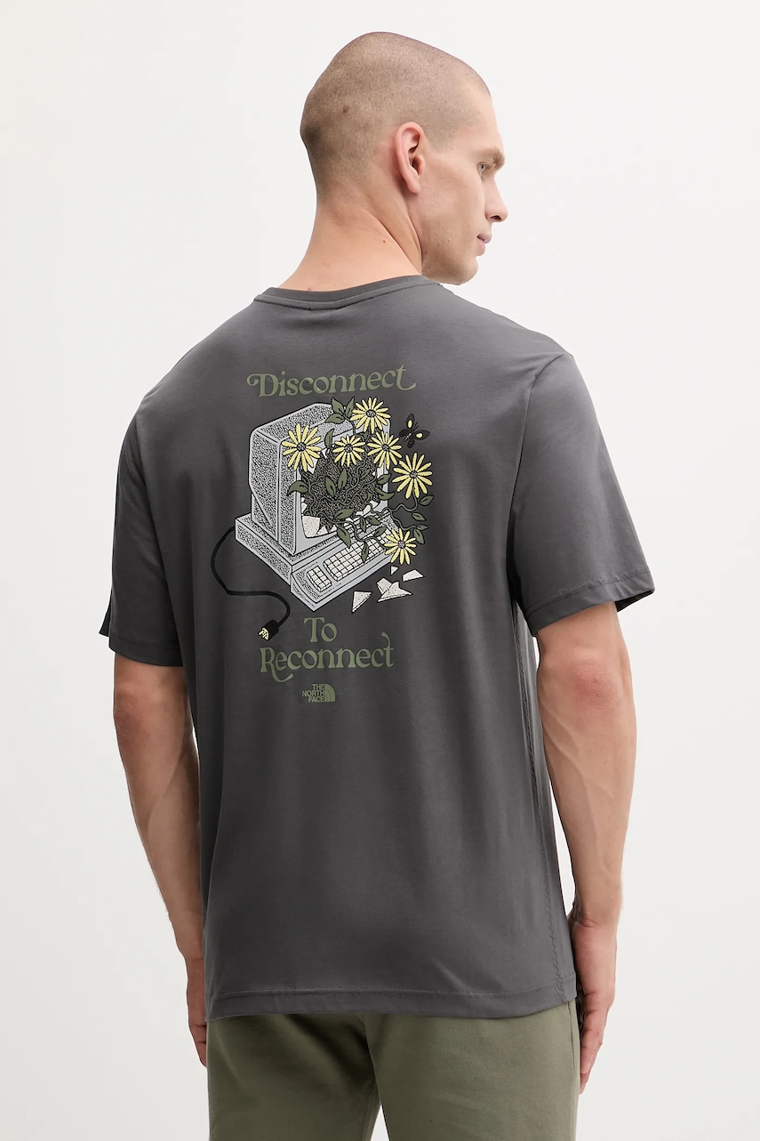 Bavlněné tričko The North Face Connected Relaxed pánské, šedá barva, s potiskem, NF0A8EGWRHI1