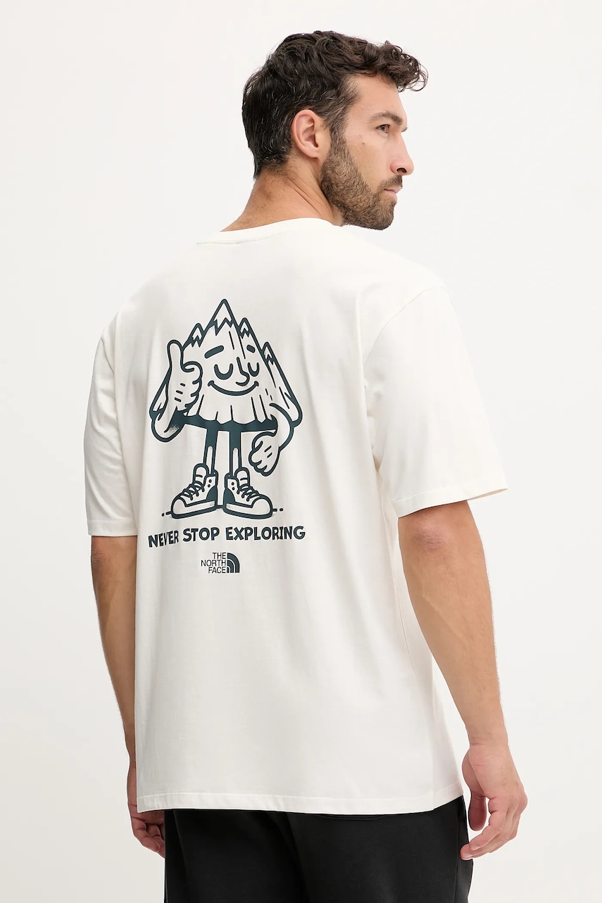 Bavlněné tričko The North Face Mountain Fun pánské, béžová barva, s potiskem, NF0A8F2NQLI1