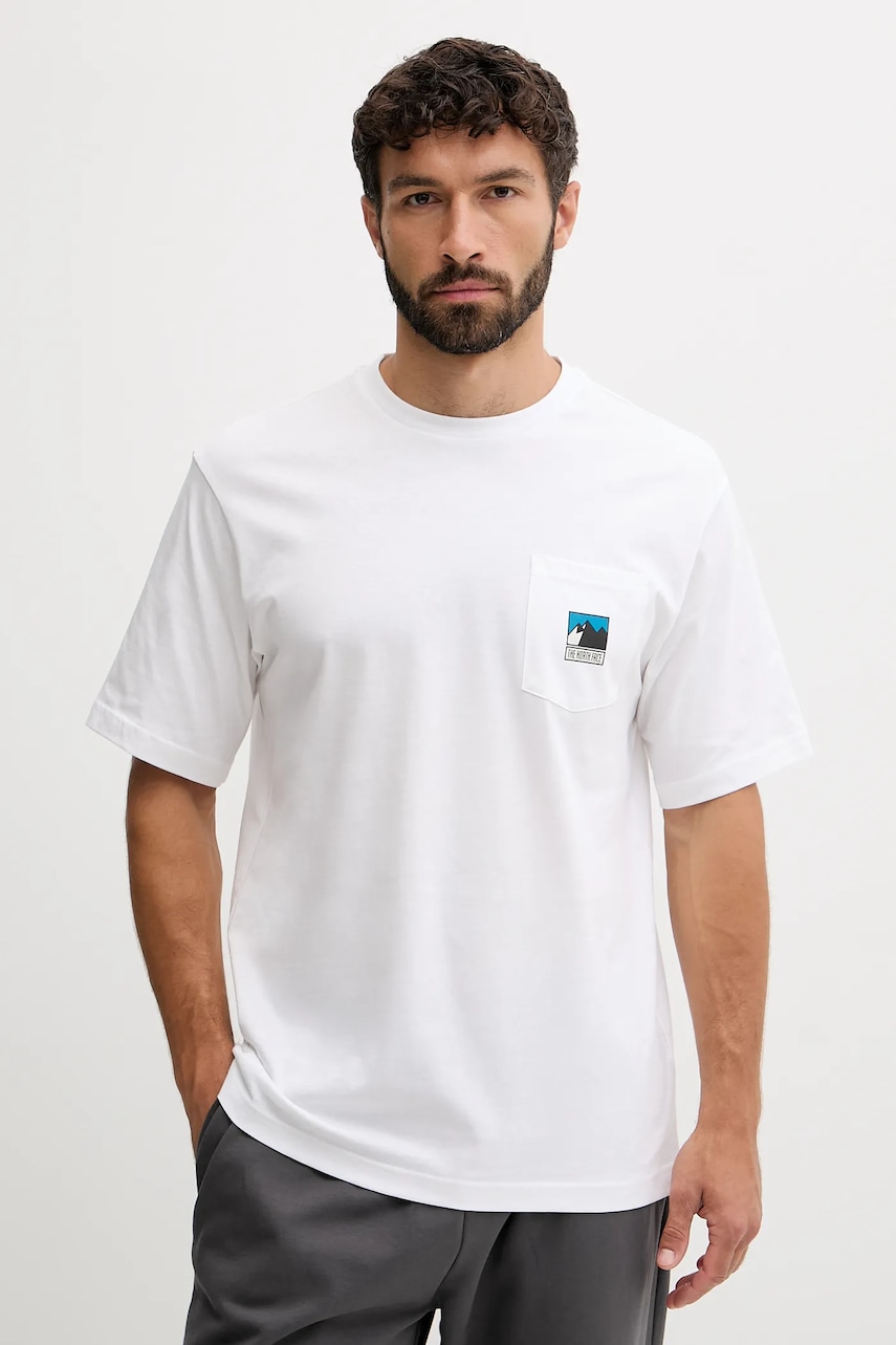 Bavlněné tričko The North Face pánské, bílá barva, s potiskem, NF0A8E3MFN41