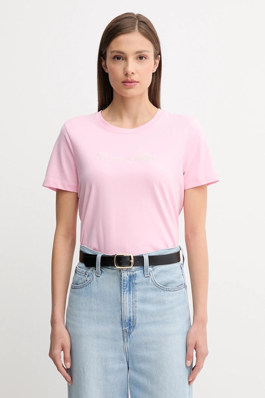 Bavlněné tričko Tommy Hilfiger dámské, růžová barva, WW0WW45746