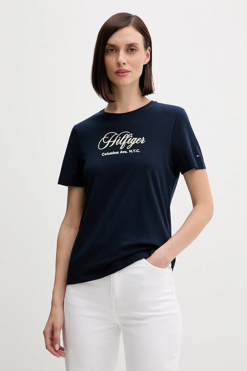 Bavlněné tričko Tommy Hilfiger dámské, tmavomodrá barva, WW0WW46120