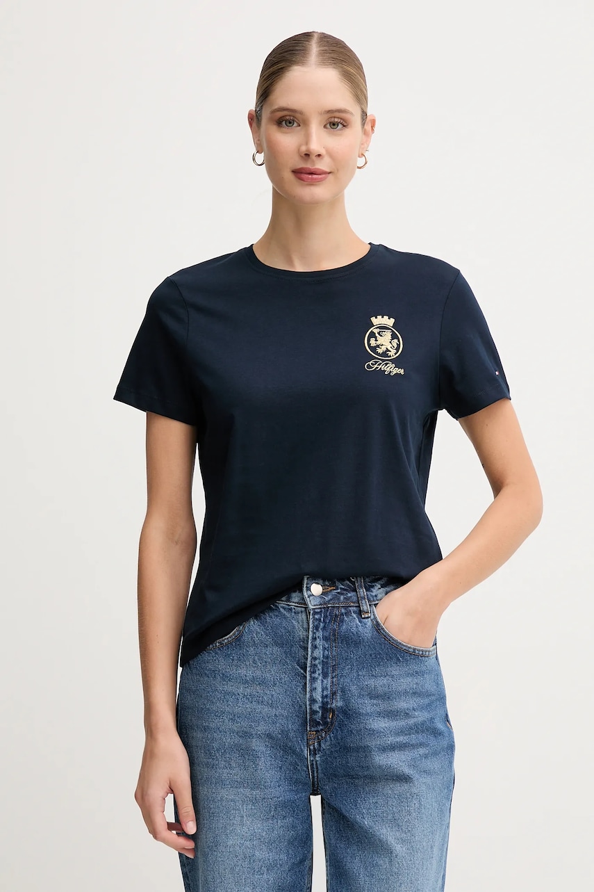 Bavlněné tričko Tommy Hilfiger dámské, tmavomodrá barva, WW0WW46153