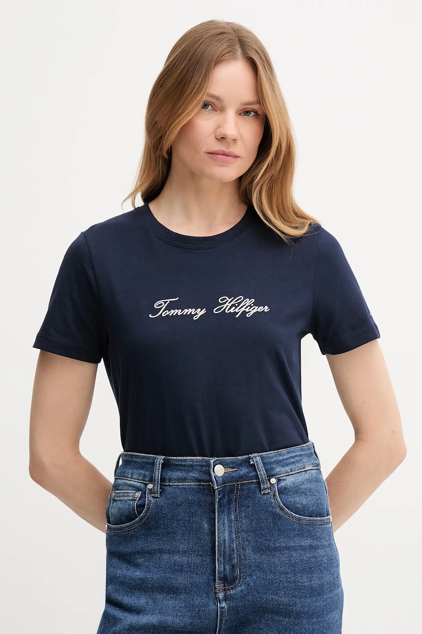 Bavlněné tričko Tommy Hilfiger dámské, tmavomodrá barva, WW0WW47210