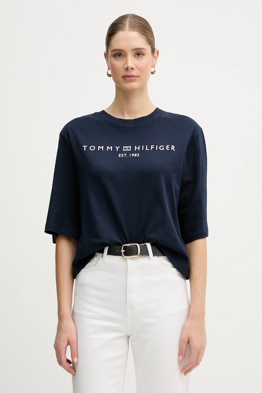 Bavlněné tričko Tommy Hilfiger dámské, tmavomodrá barva, WW0WW47811