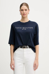 Bavlněné tričko Tommy Hilfiger dámské, tmavomodrá barva, WW0WW47811