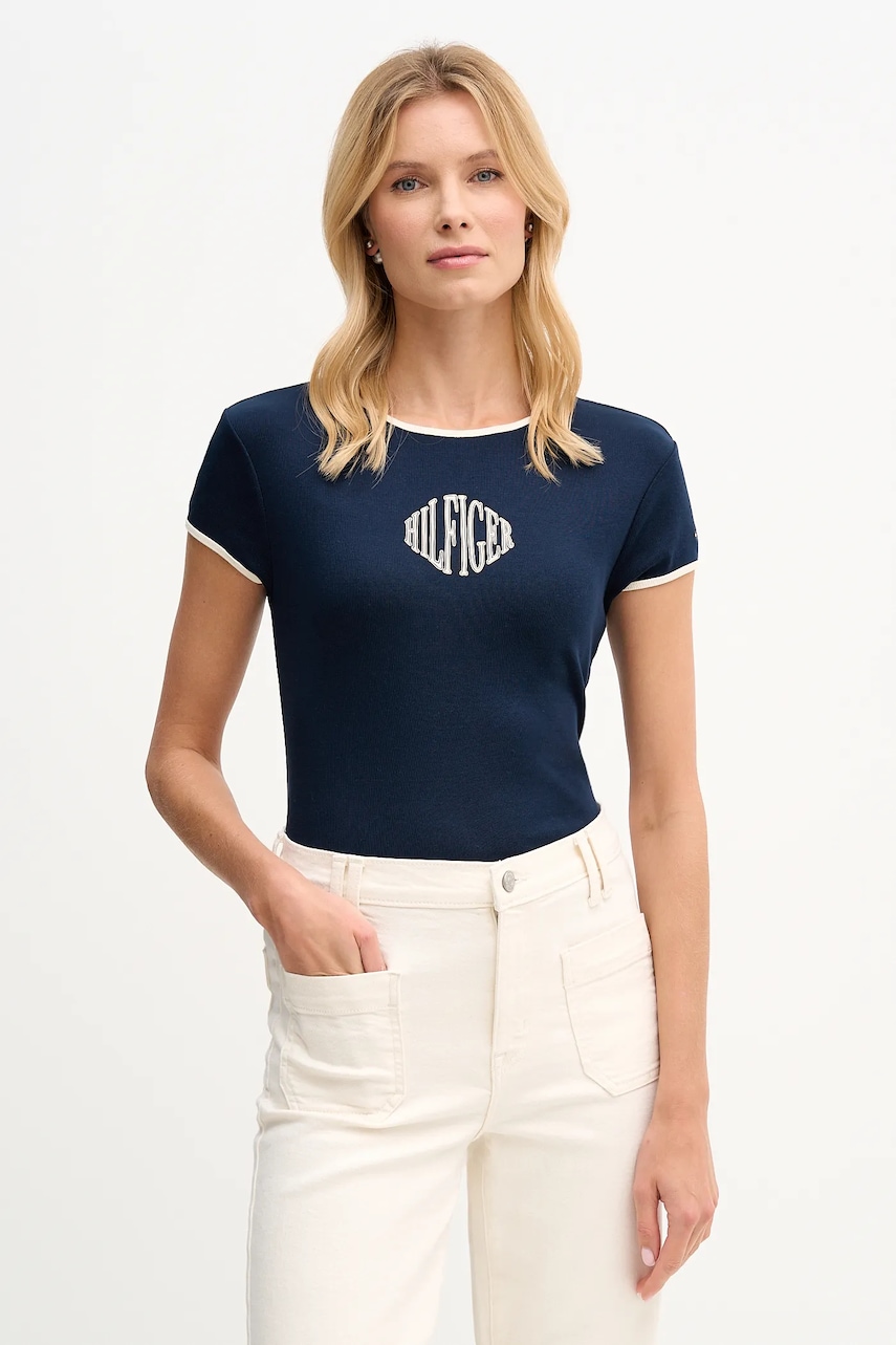 Bavlněné tričko Tommy Hilfiger dámské, tmavomodrá barva, WW0WW47881