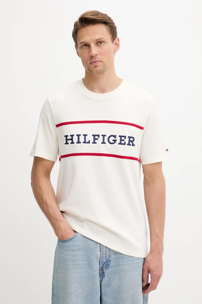 Bavlněné tričko Tommy Hilfiger pánské, béžová barva, s aplikací, MW0MW39845