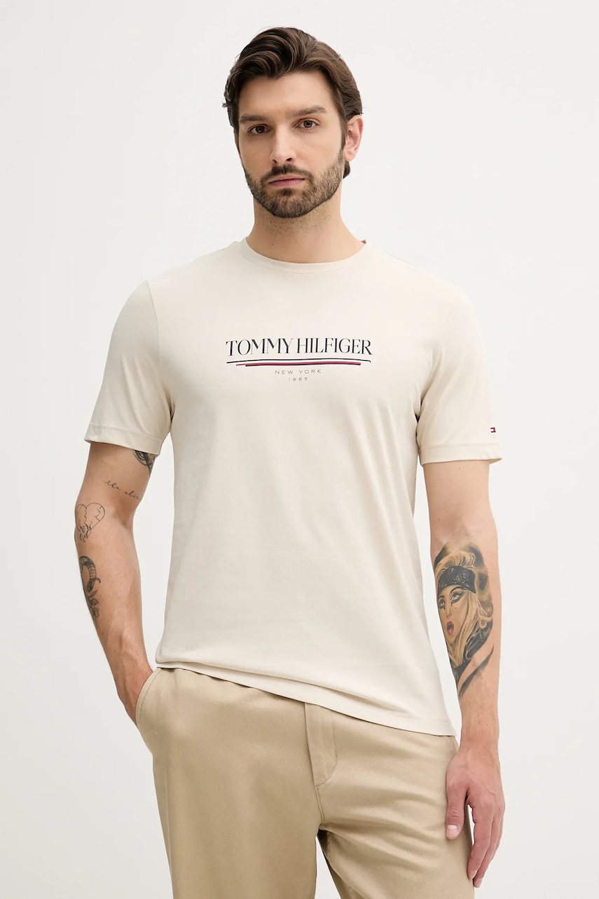 Bavlněné tričko Tommy Hilfiger pánské, béžová barva, s potiskem, MW0MW40324