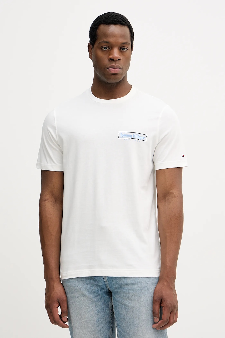 Bavlněné tričko Tommy Hilfiger pánské, bílá barva, s potiskem, MW0MW41465