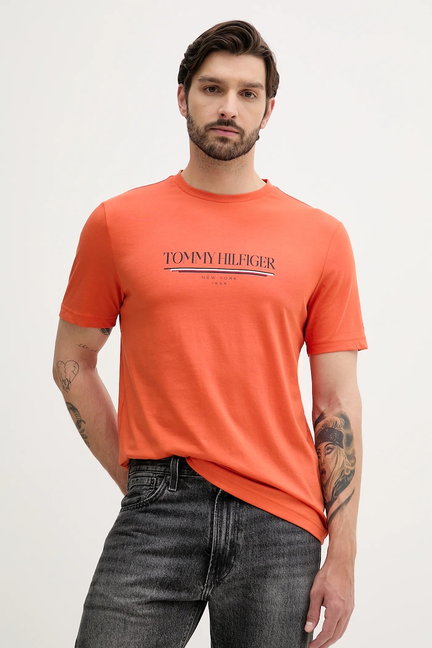 Bavlněné tričko Tommy Hilfiger pánské, oranžová barva, s potiskem, MW0MW40324