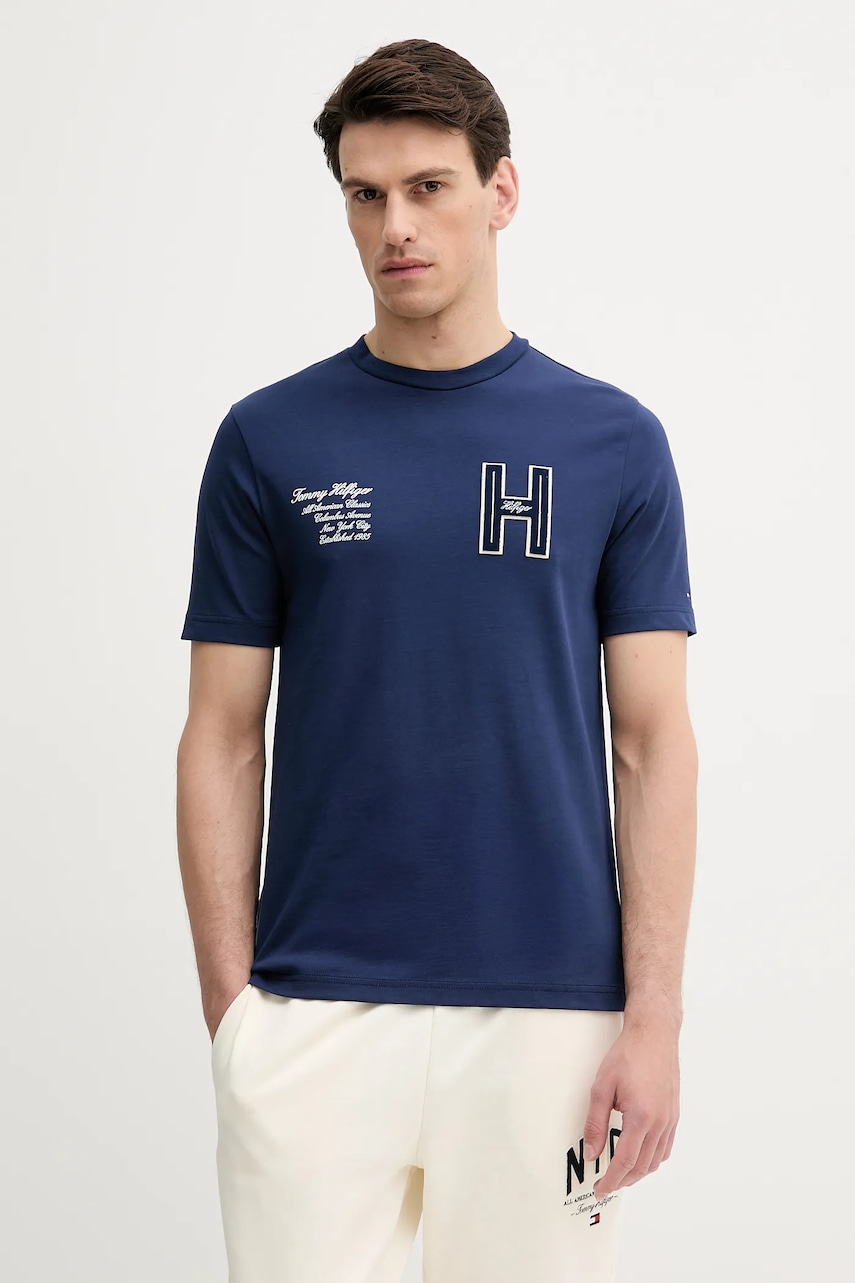 Bavlněné tričko Tommy Hilfiger pánské, tmavomodrá barva, s aplikací, MW0MW39364