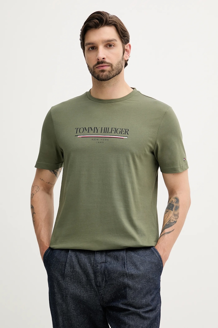 Bavlněné tričko Tommy Hilfiger pánské, zelená barva, s potiskem, MW0MW40324
