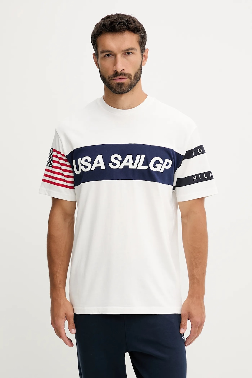 Bavlněné tričko Tommy Hilfiger x SAIL GP pánské, béžová barva, s potiskem, MW0MW41418