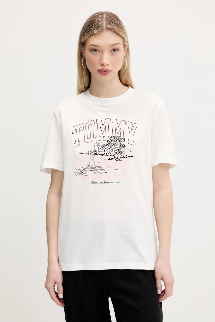 Bavlněné tričko Tommy Jeans dámské, béžová barva, DW0DW21343