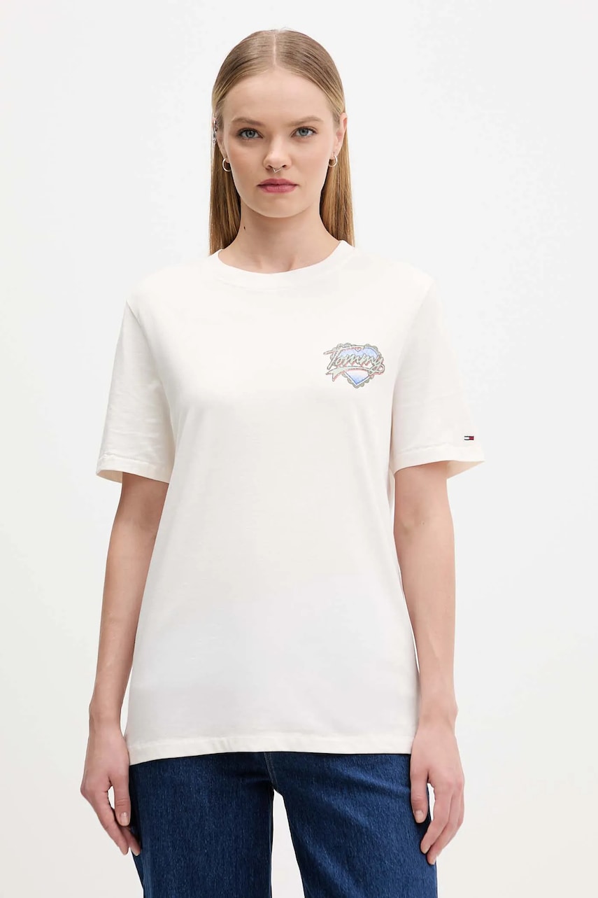 Bavlněné tričko Tommy Jeans dámské, béžová barva, DW0DW21524