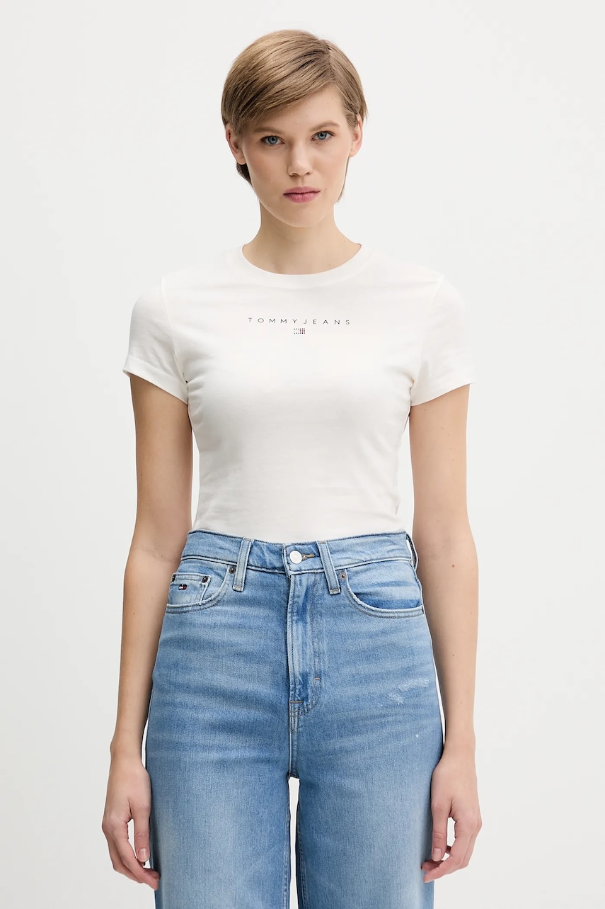 Bavlněné tričko Tommy Jeans dámské, béžová barva, DW0DW21550