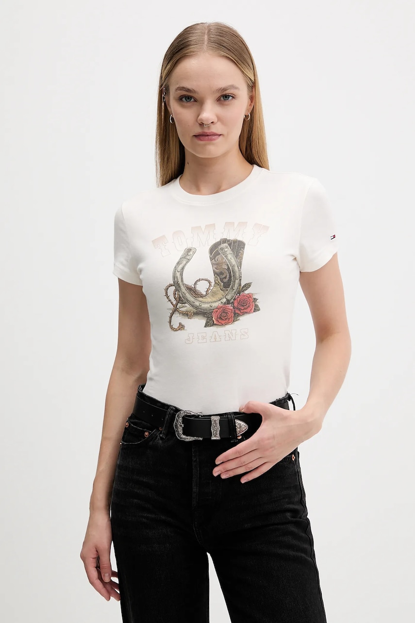 Bavlněné tričko Tommy Jeans dámské, béžová barva, DW0DW21788