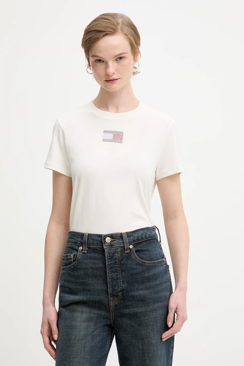 Bavlněné tričko Tommy Jeans dámské, béžová barva, DW0DW21965