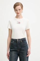 Bavlněné tričko Tommy Jeans dámské, béžová barva, DW0DW21965