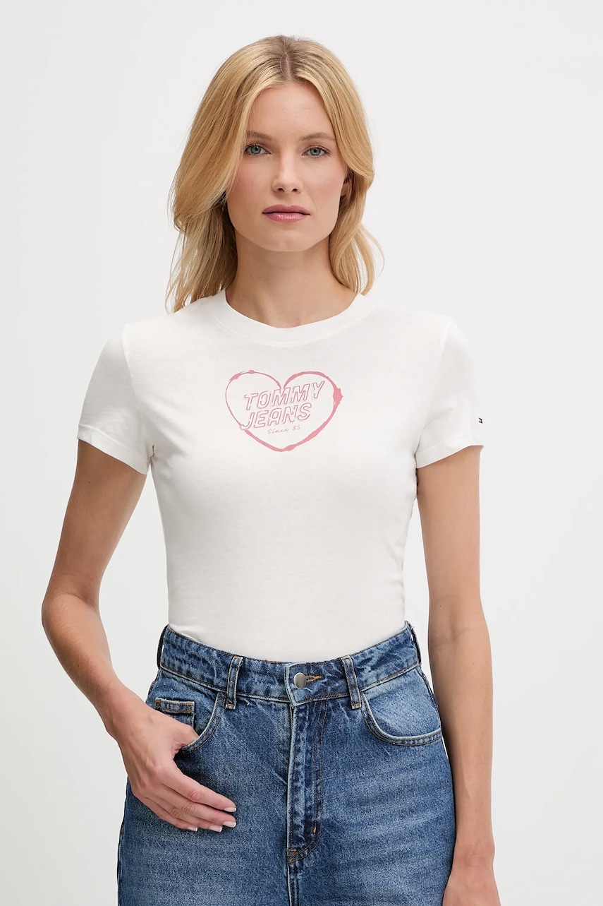 Bavlněné tričko Tommy Jeans dámské, bílá barva, DW0DW21390