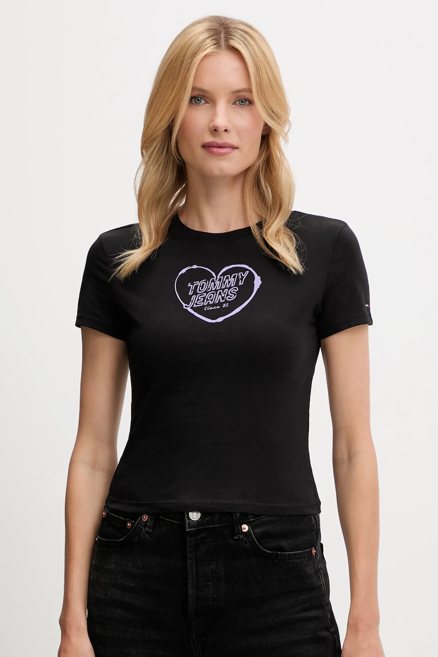 Bavlněné tričko Tommy Jeans dámské, černá barva, DW0DW21390