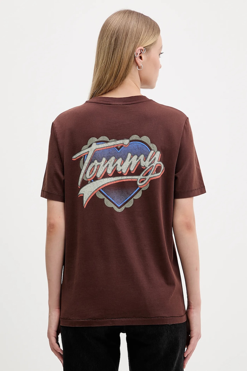 Bavlněné tričko Tommy Jeans dámské, hnědá barva, DW0DW21524
