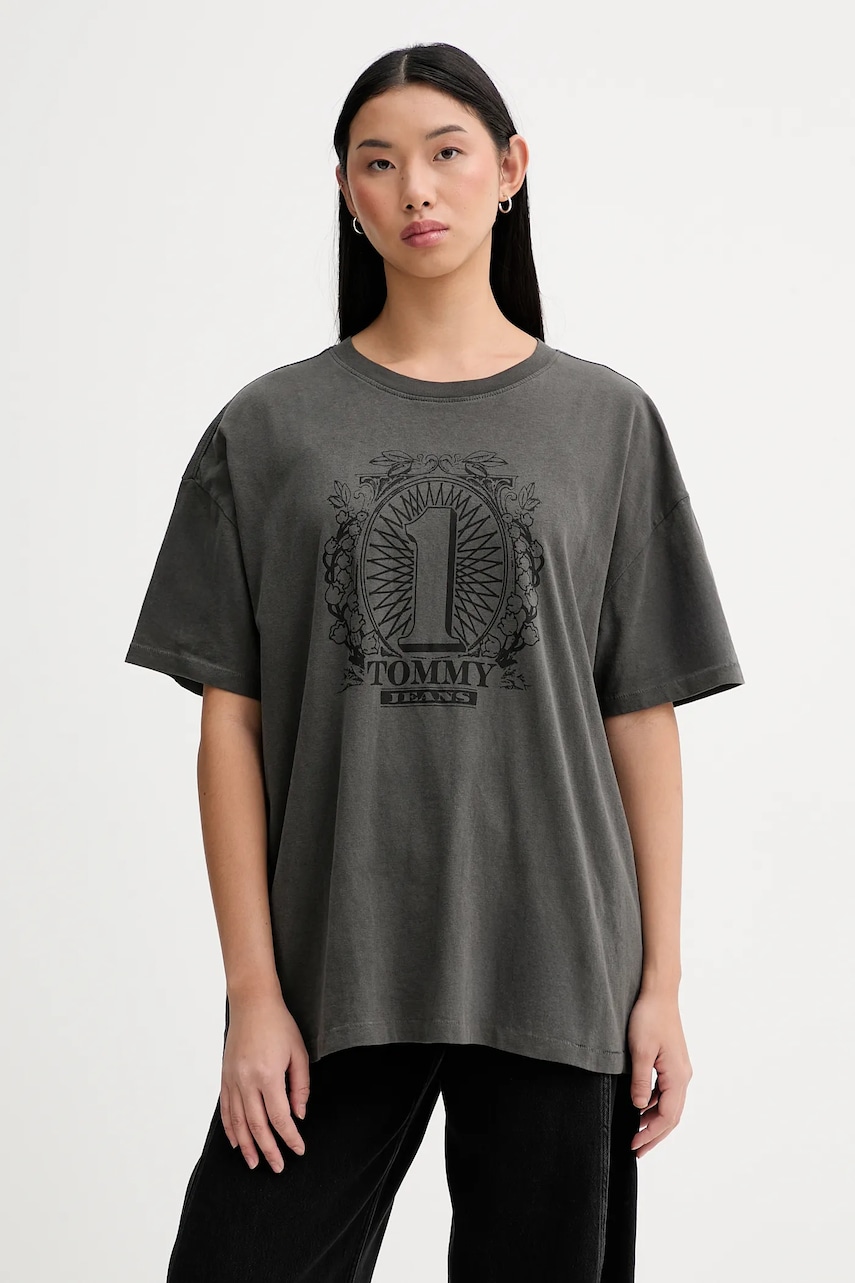 Bavlněné tričko Tommy Jeans dámské, šedá barva, DW0DW21858