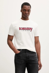 Bavlněné tričko Tommy Jeans pánské, béžová barva, s aplikací, DM0DM22719