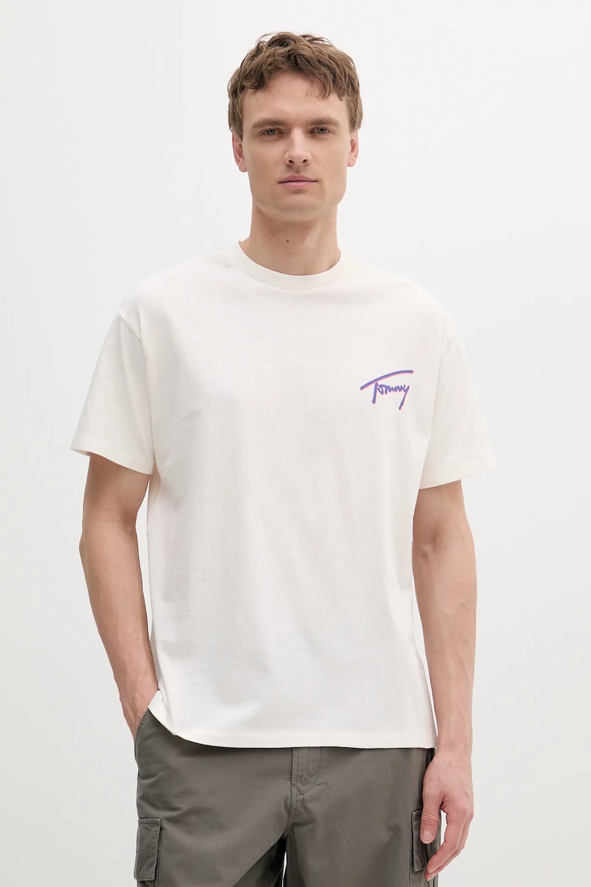 Bavlněné tričko Tommy Jeans pánské, béžová barva, s potiskem, DM0DM20768