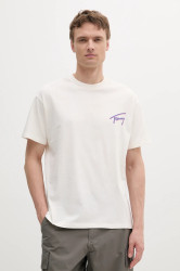 Bavlněné tričko Tommy Jeans pánské, béžová barva, s potiskem, DM0DM20768